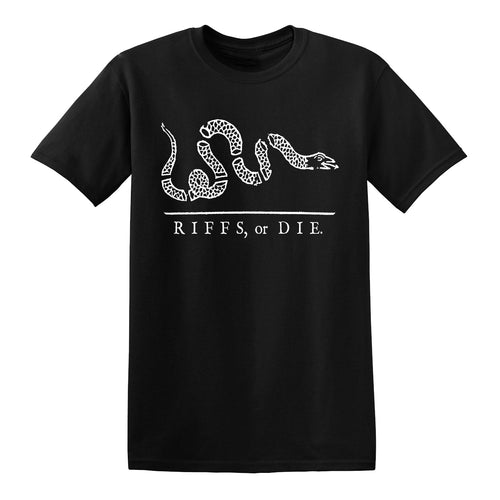 RIFFS OR DIE Revolutionary Snake Logo T-Shirt printed on 100% cotton.